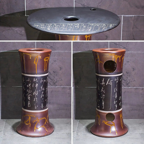 Gotta Have Heavy Duty Round Ceramic Basin Freestanding Sink Slick Polished Finish Zero Sweat Cleanup Standalone Art Lavatory Vessel With Glass Mirror Total Bathroom Glow Up with unique engravings.