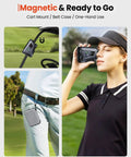 Golf Rangefinder With Slope And Pin Lock, 1700 Yard Laser Range Finder for Golf, Magnetic Strip; woman using rangefinder, case on belt