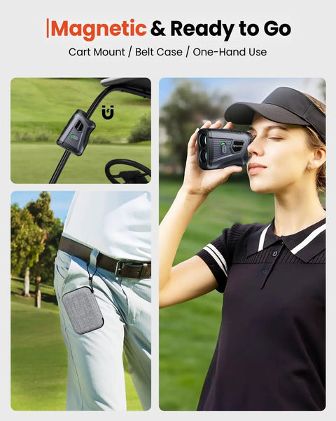 Golf Rangefinder With Slope And Pin Lock, 1700 Yard Laser Range Finder for Golf, Magnetic Strip; woman using rangefinder, case on belt