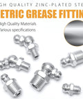 Angled view of zinc-plated grease fittings assortment for grease guns, SAE and metric types in 1/4, 1/8, M6, M10 sizes.