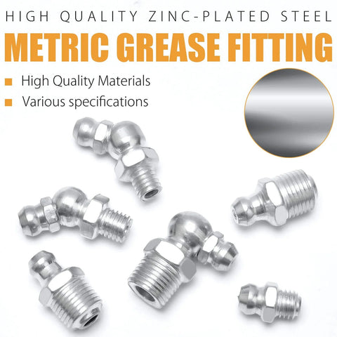 Angled view of zinc-plated grease fittings assortment for grease guns, SAE and metric types in 1/4, 1/8, M6, M10 sizes.
