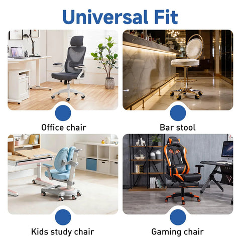 Five Pack Office Chair Caster Pads With Felt Backing For Scratch Prevention And Quiet Rolling, Secure Strap Lock And Anti Slip Design To Keep Wheels In Deep Grooves And Prevent Slippage For Home And Office Use on various chairs.