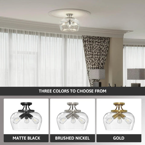 Modern Ceiling Light Fixture With Clear Glass Shade Three Light Brushed Nickel Semi Flush Mount For Kitchen Dining Room Living Room Entryway Foyer And Bedroom Super Sleek Bright Illumination in three colors