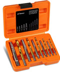 14-piece screw extractor and left-hand drill bit set in orange plastic case