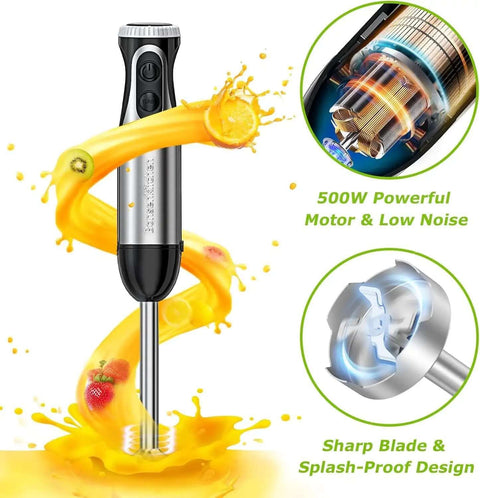 Four In One Stainless Steel Immersion Blender With 20 Variable Speeds And Turbo Boost shown with orange splash and sharp blade design.