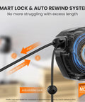 Heavy Duty Retractable Extension Cord Reel With Lighted Triple Tap, 50FT 14AWG, showcasing smart lock and auto rewind system