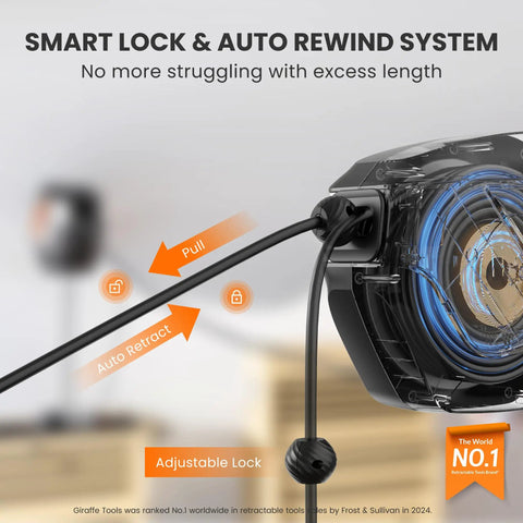 Heavy Duty Retractable Extension Cord Reel With Lighted Triple Tap, 50FT 14AWG, showcasing smart lock and auto rewind system