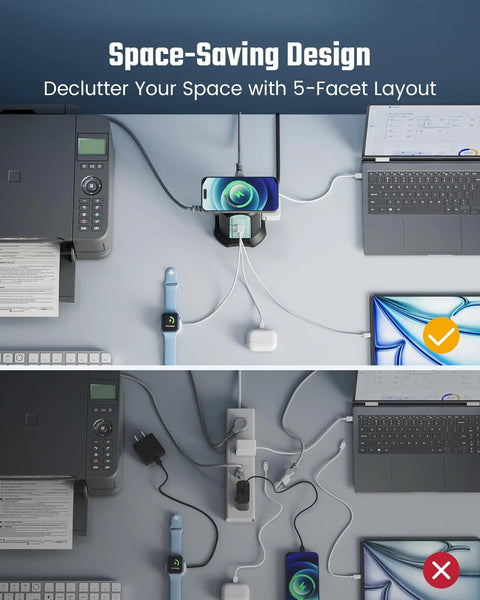 Comparison of tidy vs messy desk setup using Must-Have Power Strip Tower With Wireless Charger And Surge Protector, 9 Outlets And 4 USB Ports, 10ft extension.