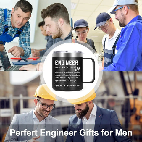 Engineer Definition Insulated Coffee Mug 12 Oz For Engineers Gift For Men Black Perfect Christmas Birthday Gift For Engineering Students And Pros Who Love Their Brew Gift Idea, surrounded by engineers at work.