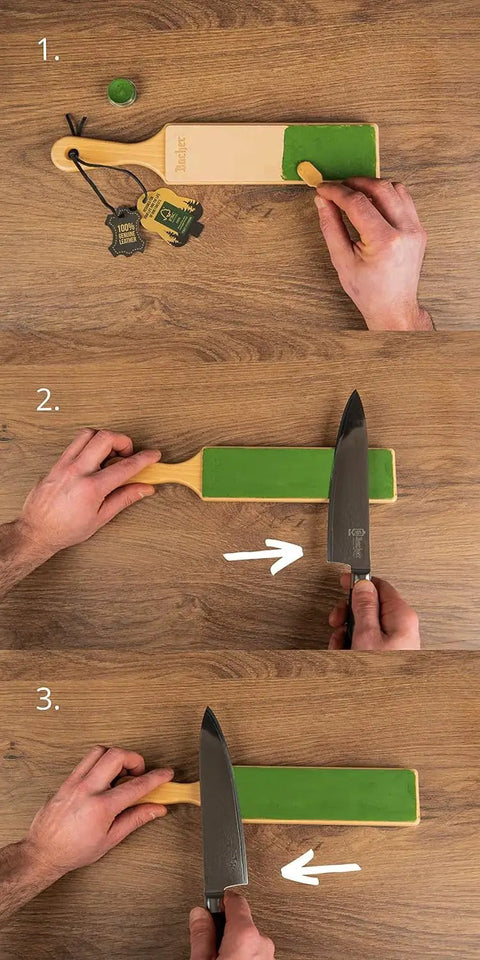 Pro Grade Leather Knife Strop With Double Sided Stropping Leather And Polishing Compound Handmade In Poland showing sharpening steps