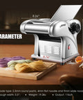 Newtry Electric Pasta Maker Machine with 3 Interchangeable Blades for Homemade Noodles on wooden kitchen counter.