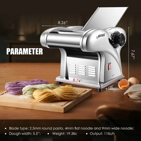 Newtry Electric Pasta Maker Machine with 3 Interchangeable Blades for Homemade Noodles on wooden kitchen counter.