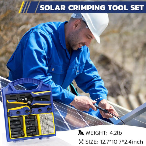 Technician using All-In-One Solar Crimping Tool Kit With Stripper And Spanners, 20 Pairs MC4 Connectors For PV Cable Installation