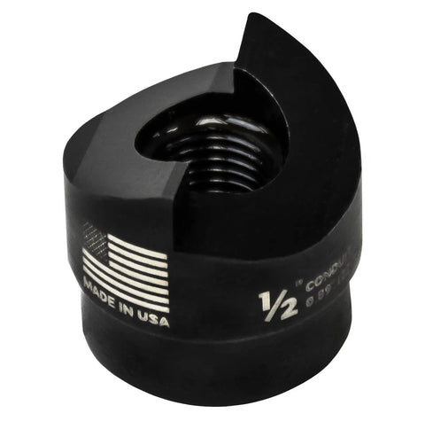 One Half Inch Conduit Punch for Electrical Boxes and Panels, Heavy Duty Black Tool close-up showing size marking and USA flag