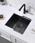 Undermount Kitchen Bar Sink 18 x 16 x 9 Inches Black Stainless Steel Small Bar Prep Sink For Outdoor Laundry RV Use Handmade 304 Stainless Steel With PVD Nano Black Finish For Rust Resistance with rack.