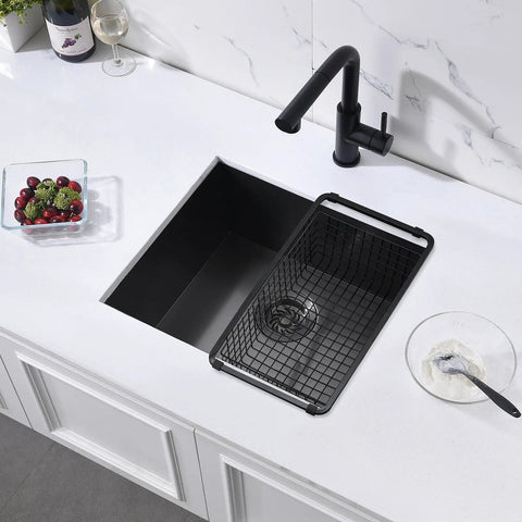 Undermount Kitchen Bar Sink 18 x 16 x 9 Inches Black Stainless Steel Small Bar Prep Sink For Outdoor Laundry RV Use Handmade 304 Stainless Steel With PVD Nano Black Finish For Rust Resistance with rack.