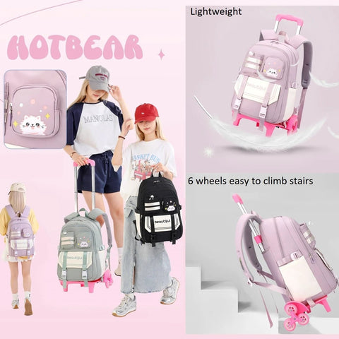 Cat Print Rolling Backpack For Girls And Kids With Wheels Trolley Roller Bookbag School Bag Wheeled Bag In Pink, lightweight design
