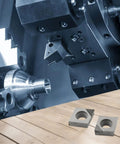 PCD Lathe Turning Inserts CCGT09T302 for Aluminum and Copper CNC shown with lathe machine for precision machining.