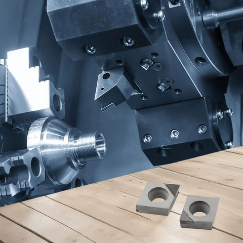 PCD Lathe Turning Inserts CCGT09T302 for Aluminum and Copper CNC shown with lathe machine for precision machining.