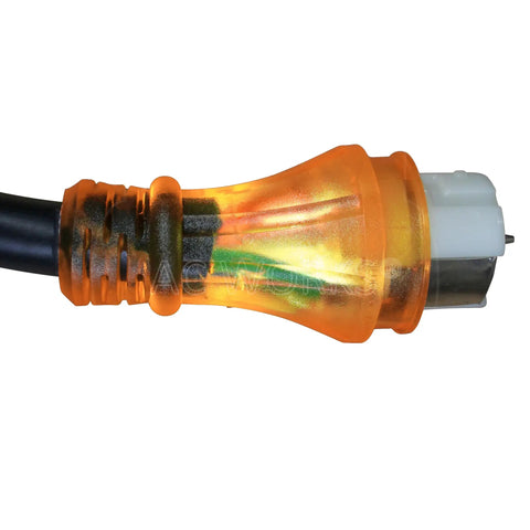Close-up of L14-30P to CS6364 50A Locking Plug Transfer Adapter With 10ft SOOW Cable, orange translucent plug end, 125 250V