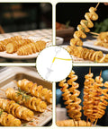 Manual tornado potato spiral cutter with yellow handle; four views show spiral potato skewers on wooden sticks.