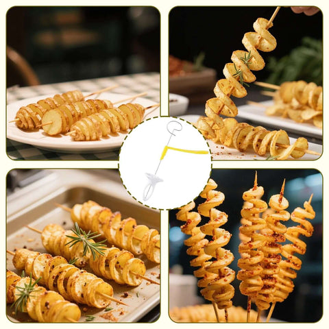 Manual tornado potato spiral cutter with yellow handle; four views show spiral potato skewers on wooden sticks.