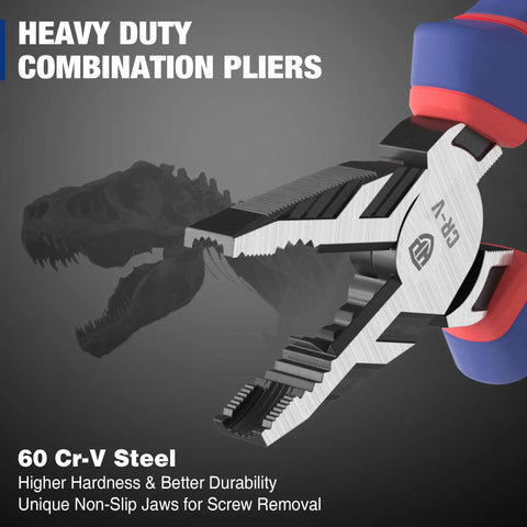 All In One Linesman Pro Screw Extractor Pliers With Non Slip Jaws For Damaged Or Rusted Fasteners Quick Removal 8 Inch Combination Pliers For Home Workshop Auto And DIY Projects WORKPRO, close-up view showcasing non-slip jaws and Cr-V steel.