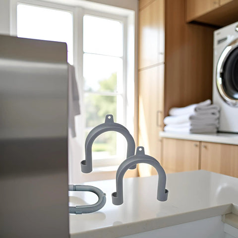 U Shape Drain Hose Holder For Washer And Dishwasher 2 Pack Gray Plastic Wall Mount Bracket displayed on laundry counter