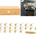 Pro Grade Mainspring Winder Tool Kit With Copper Construction, wooden box, 20 winders, wristwatch repair tools displayed