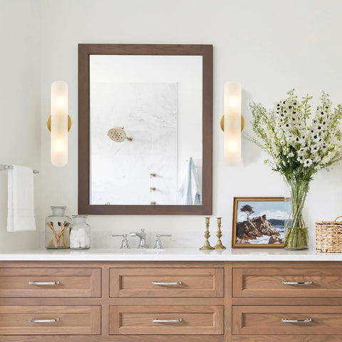 Modern Brass Wall Sconces Two Light Cylinders Frosted Glass Vanity Lights for Hallway Bedroom and Staircase ETL Listed for Dry Location