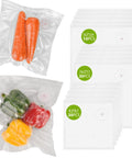 60 Pack Vacuum Sealer Bags For Food BPA Free Reusable With Upgraded Air Valve showcasing various sizes and vegetables inside