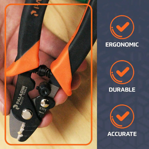 Close-up of Pro Grip 3 In 1 Fiber Optic Stripper with ergonomic handles and safety lock for precise stripping.