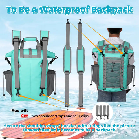Low Profile 25L Waterproof Deck Bag For Paddle Boards And Kayaks Roll Top Dry Bag For SUP Gear with straps shown as backpack