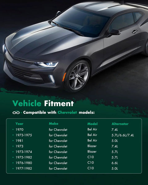 Chevrolet Camaro shown above vehicle fitment chart for 100 Amp High Output Chrome Alternator With 1 Wire 10SI Self Exciting Design Replacement For GM SBC BBC Chevy And Buick Classics New For Reliable Power On The Road.