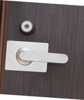 Stainless Steel Door Reinforcement Plate Set 6 Pieces No Drilling Deadbolt Cover installed on a wooden door, rustproof and durable.