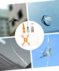 Quick Fix Windshield Crack Repair Kit For Cars with tools and examples of repaired cracks on auto glass.
