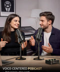 Two people using Dual Interface USB XLR Podcast Microphone with Desktop Stand Built Mute Button and Volume Knob Studio Metal Build