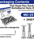 Knockout Hella Tough 304 Stainless Steel M6X25 Barrel Nuts With Flat Head Hex Socket Screws And Allen Wrench in organized storage box.