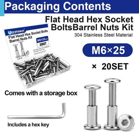 Knockout Hella Tough 304 Stainless Steel M6X25 Barrel Nuts With Flat Head Hex Socket Screws And Allen Wrench in organized storage box.