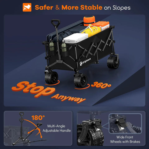 220L Collapsible Wagon Cart Heavy Duty Foldable With 460Lb Load Capacity featuring multi-angle handle and front wheel brakes.
