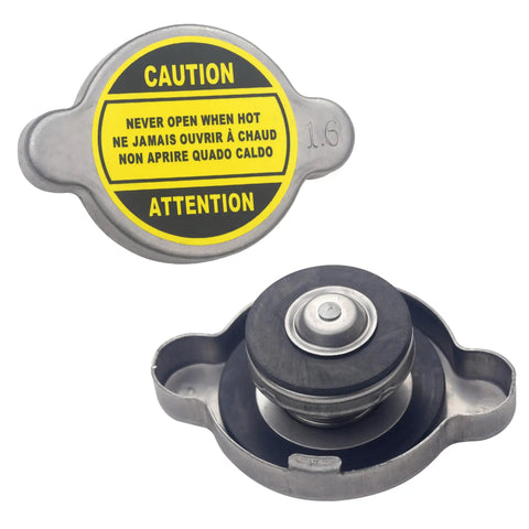 High Pressure Radiator Cap 1.6 Bar 23 Psi For Powersports with caution label and metal construction, top and bottom view