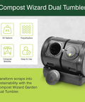 Compost Wizard Dual Tumbler Bin for Outdoor Garden with 7 Cu Ft Total Capacity Two 25 Gallon Chambers Easy No Fuss Maintenance and a Five Gallon Tea Collection Base showing dual tumblers with lid open and collection base.