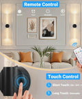 Black Battery Operated Wall Sconces Set of 2 Peel and Stick on, 20.9" with remote control and touch features in home setting.