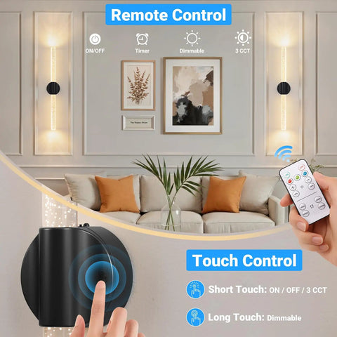 Black Battery Operated Wall Sconces Set of 2 Peel and Stick on, 20.9" with remote control and touch features in home setting.