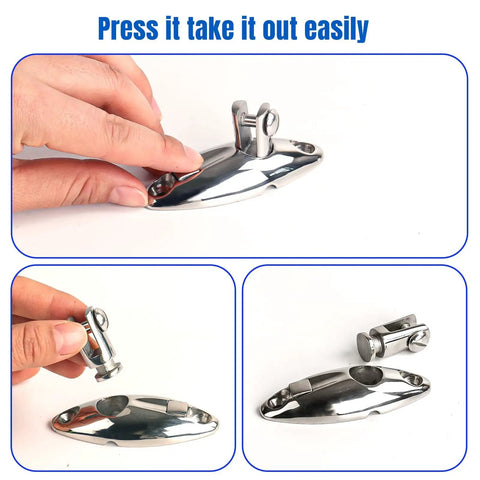 Boat Bimini Top Swivel Hinge 316 Stainless Steel Deck Side Mount Quick Release Hinge shown in hand for size perspective.