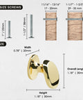 4 Pack Polished Brass Cabinet Knobs Set Solid Zinc Alloy Pulls, 30mm x 20mm, includes screw sizes, size diagram, and installation view