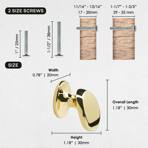 4 Pack Polished Brass Cabinet Knobs Set Solid Zinc Alloy Pulls, 30mm x 20mm, includes screw sizes, size diagram, and installation view