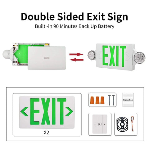 LED Emergency Light And Exit Sign Combo with Back Up Battery Green Exit Sign, twin head lamps, ABS housing, 6 pack view