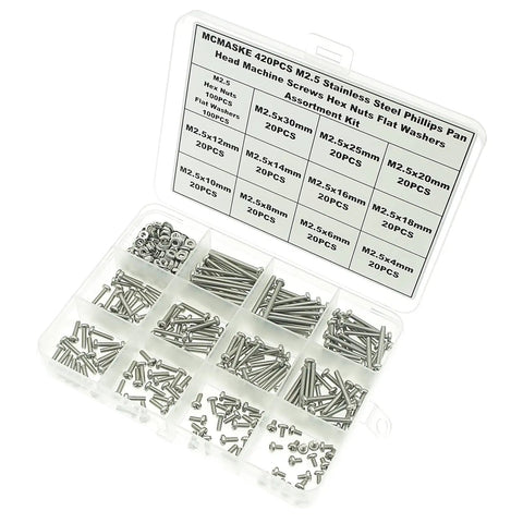 M2.5 Phillips Pan Head Machine Screws Nuts Flat Washers Kit in 304 Stainless Steel 420Pcs Set With Full Thread 4mm to 30mm Lengths