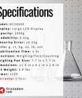 Specifications sheet for High Precision Digital Lab Scale 2000 g Capacity with 0.01 g Resolution and Calibration Certificate